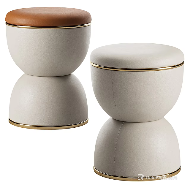 Modern Light Luxury Beige Leather Stools With Gold Trim Round Arc Design 3d model 