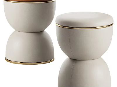 Modern Light Luxury Beige Leather Stools With Gold Trim Round Arc Design 3d model