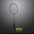 Black And Red Badminton Racket Standing With Five Yellow Shuttlecocks Nearby 3d model