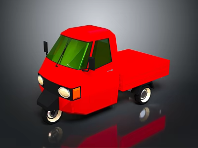 Red Three Wheeled Motorcycle Featuring Cab Cargo Bed And White Wheels 3d model