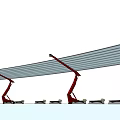 Outdoor Pergola Design With Red Support Structures And Gray Canopy For Seating