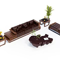 Elegant Dark Sofa Coffee Table Set With Wooden Frame Side Tables And Potted Plant
