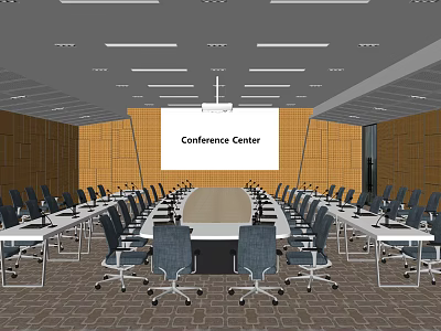Modern Conference Room with Long Table Multiple Chairs Wooden Walls and Ceiling Lights 3d model