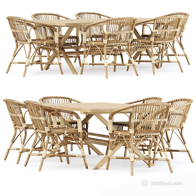 Natural Outdoor Dining Table Set With Rattan Chairs And Wooden Table Design 3d model 