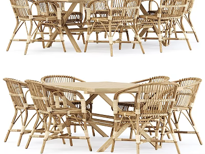 Natural Outdoor Dining Table Set With Rattan Chairs And Wooden Table Design 3d model