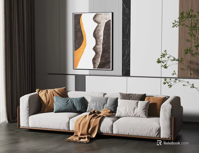 Light Gray Three Seater Sofa With Colorful Cushions Throw Blanket Modern Painting And Green Plant 3d model 