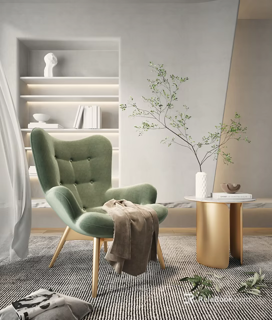 Green Velvet Single Sofa With Button Tufted Design And Wooden Legs In Modern Living Room 3d model 