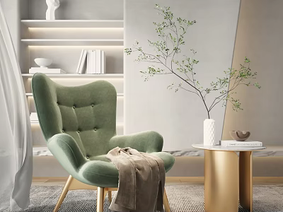Green Velvet Single Sofa With Button Tufted Design And Wooden Legs In Modern Living Room 3d model