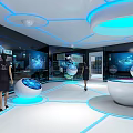 Modern Tech Exhibition Hall Interior With Blue Illuminated Circular Podiums And People Interacting