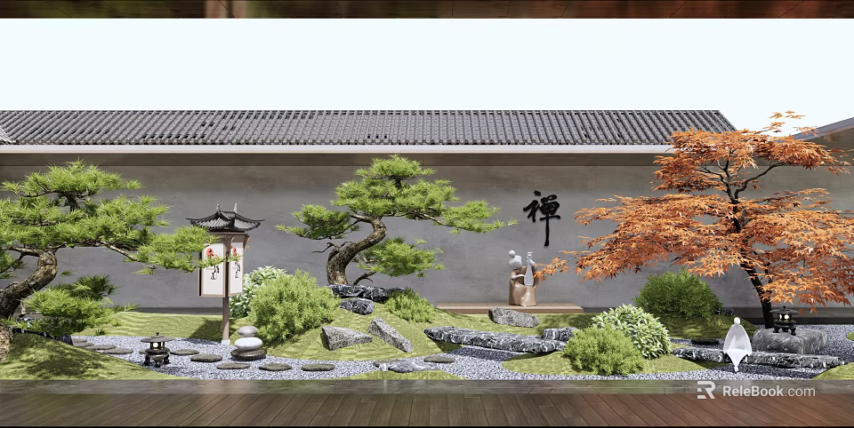 Traditional Japanese Rock Garden with Zen Pine Maple Trees Stone Lantern Raked Gravel And Moss 3d model 