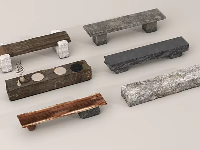Modern Wooden And Stone Benches With Natural Textures For Home Interior Decor 3d model