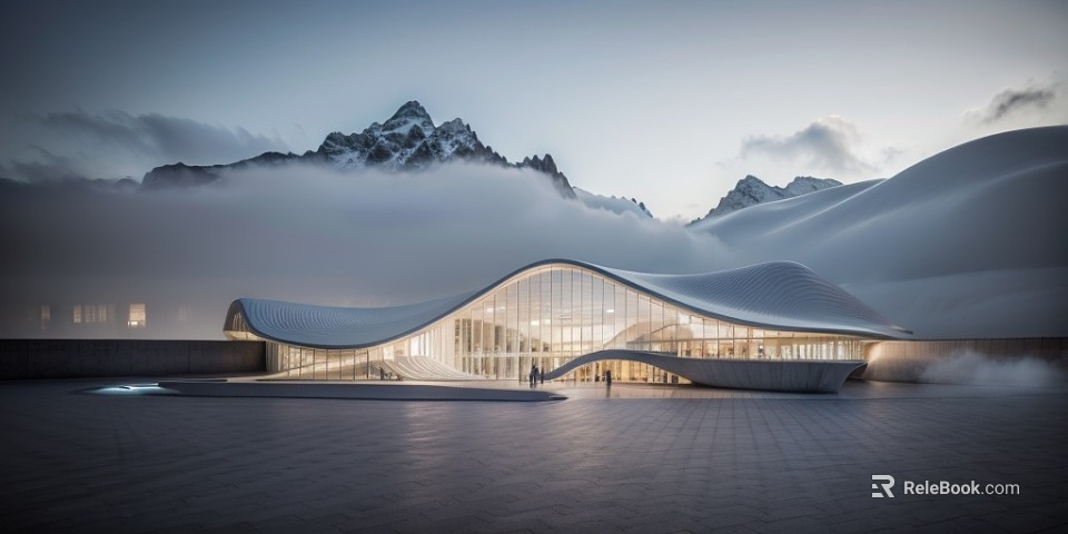 Modern Streamlined Building With Glass Facade And Mountain Clouds At Twilight Plaza 3d model 