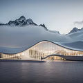 Modern Streamlined Building With Glass Facade And Mountain Clouds At Twilight Plaza