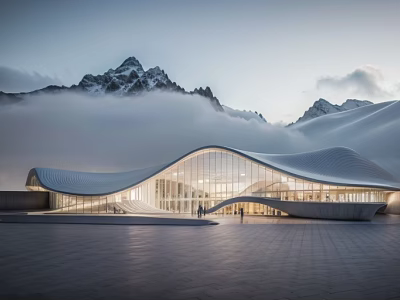 Modern Streamlined Building With Glass Facade And Mountain Clouds At Twilight Plaza 3d model