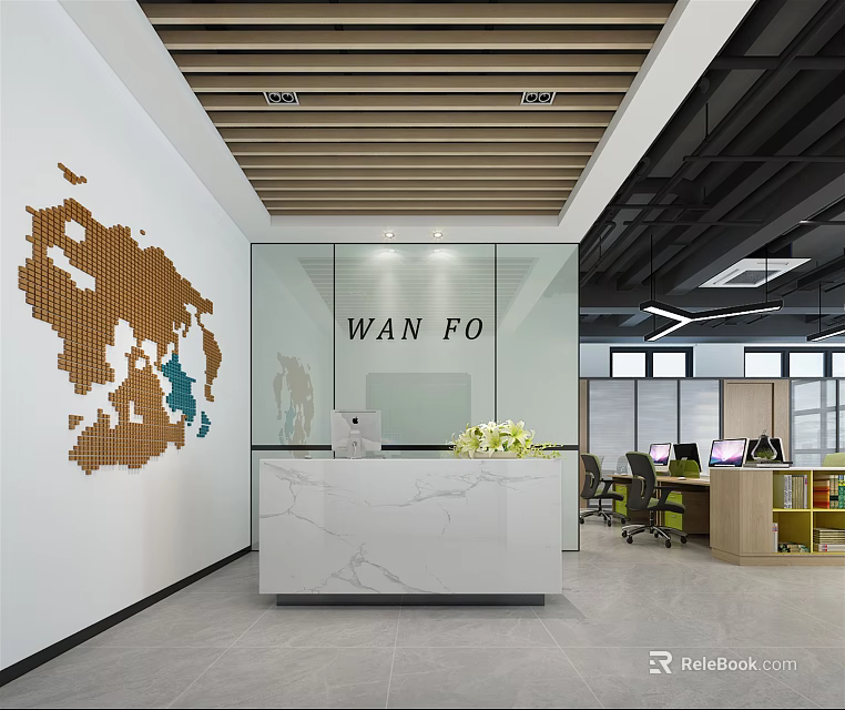 Elegant Modern Office Reception Desk With White Counter World Map Decoration And Wooden Ceiling 3d model 