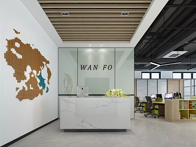 Elegant Modern Office Reception Desk With White Counter World Map Decoration And Wooden Ceiling 3d model