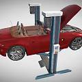 Red Convertible Car With Open Hood Elevated On Hydraulic Car Lift