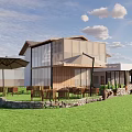 Modern Detached Villa Exterior With Large Glass Windows Sloped Roof Wooden Entrance And Stone Wall