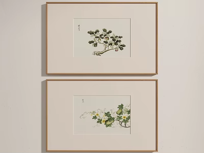 Botanical Paintings Wooden Framed Hanging On White Wall With Green Leaves And Fruits 3d model