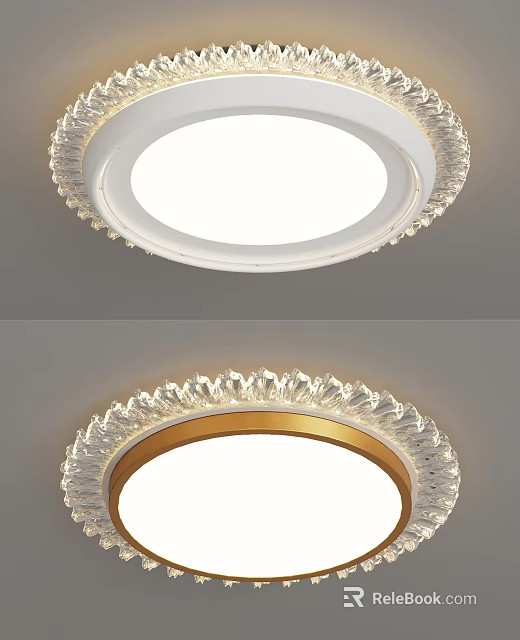 Round Ceiling Light with Crystal Decoration White and Gold Frame Design 3d model