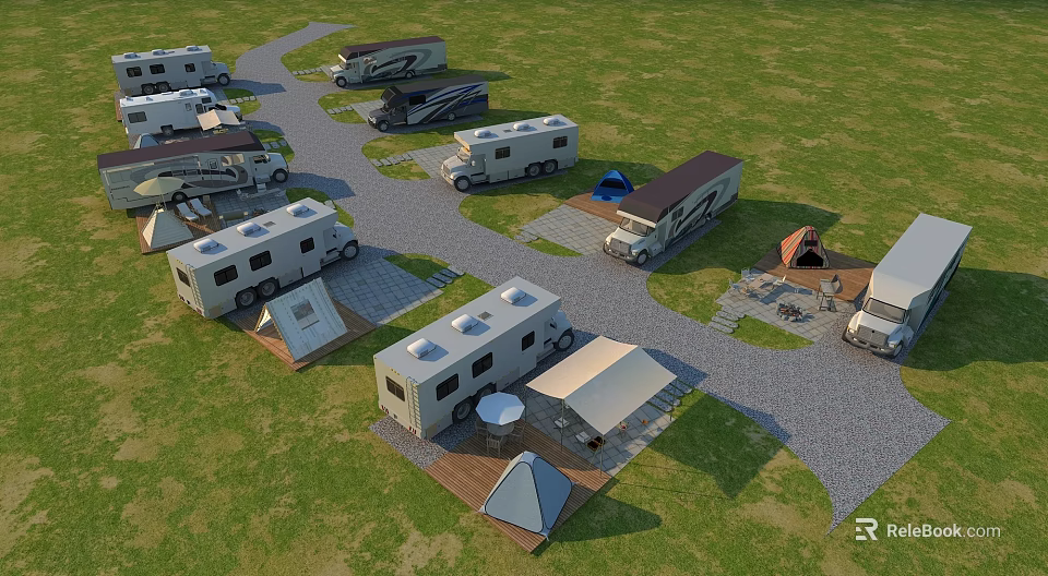 RV Campsite With Multiple Motorhomes Tents Awnings And Outdoor Tables On Green Grass 3d model 