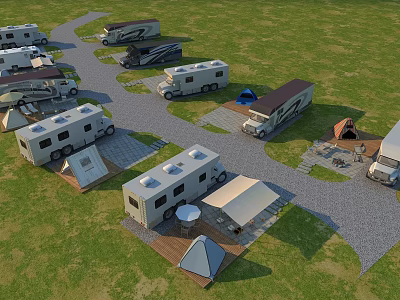 RV Campsite With Multiple Motorhomes Tents Awnings And Outdoor Tables On Green Grass 3d model