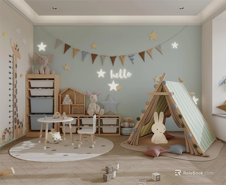 Bright Kids Playroom with Light Blue Walls Star Decorations Hello Sign Bunting and Rabbit Tent 3d model 