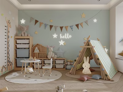 Bright Kids Playroom with Light Blue Walls Star Decorations Hello Sign Bunting and Rabbit Tent 3d model