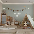 Bright Kids Playroom with Light Blue Walls Star Decorations Hello Sign Bunting and Rabbit Tent