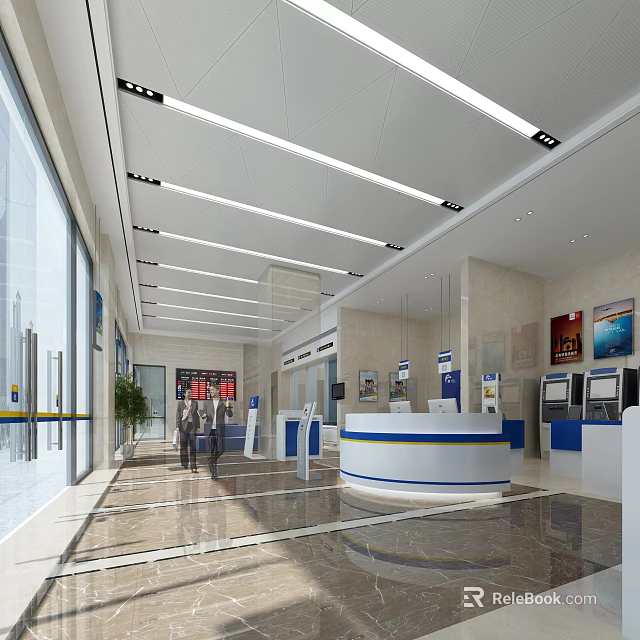 Modern Service Hall With Marble Flooring Information Screens Self Service Machines And People Handling Services 3d model 