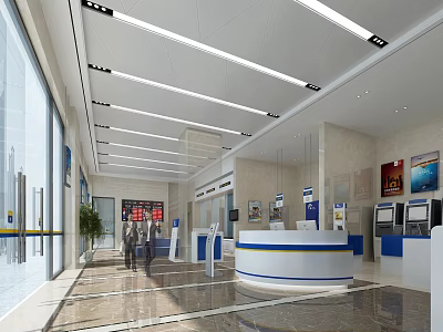 Modern Service Hall With Marble Flooring Information Screens Self Service Machines And People Handling Services 3d model