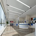 Modern Service Hall With Marble Flooring Information Screens Self Service Machines And People Handling Services