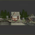 Cartoon Rural Scene with Wooden Cabin Stream Watermill Red Car and Pine Trees