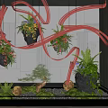 Creative Indoor Landscape With Hanging Planters Red Ribbons Potted Plants And Mossy Stones