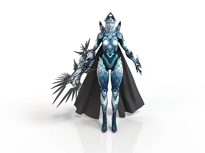 Frost Themed Female Warrior In Silver Blue Armor With Black Cape And Crystal Weapon 3d model