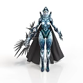 Frost Themed Female Warrior In Silver Blue Armor With Black Cape And Crystal Weapon