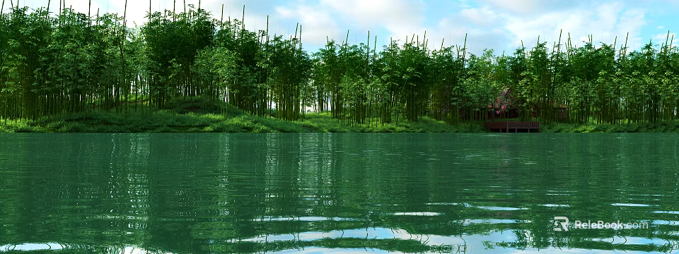 Scenic Bamboo Forest By Calm Water With Clear Reflections Of Blue Sky And White Clouds 3d model 