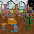 Vibrant Classroom Interior With Wooden Tables Yellow Chairs Green Lockers And Arched Windows