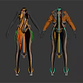 Two Stylish Fashion Costume Designs On Humanoid Models With Decorative Elements