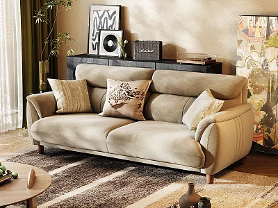 Comfortable Beige Multi Seater Sofa With Decorative Pillows On Living Room Rug And Side Table 3d model