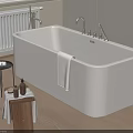 White Freestanding Bathtub With Side Table Towel And Wooden Stool In Modern Bathroom