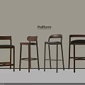 Four Pollform Modern Wooden Bar Stools with Backrest and Dark Seat Against Light Wall Background