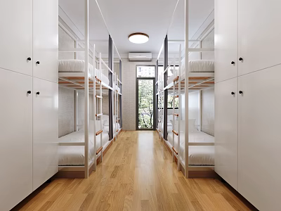 Modern Dormitory Space Featuring Bunk Beds White Storage Cabinets And Wooden Flooring 3d model