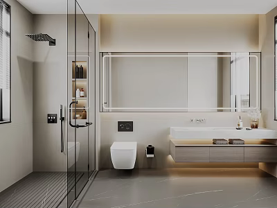 Modern Bathroom Interior Design With Glass Shower Large Mirror And Vanity Sink 3d model