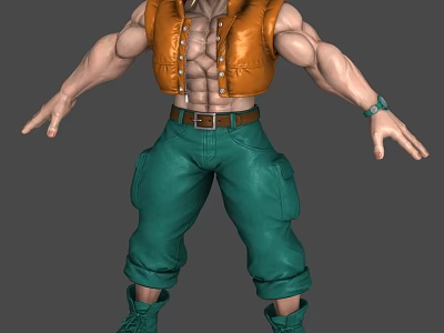 Muscular Male Character With Orange Vest Green Cargo Pants Brown Belt Green Shoes Wrist Accessory 3d model