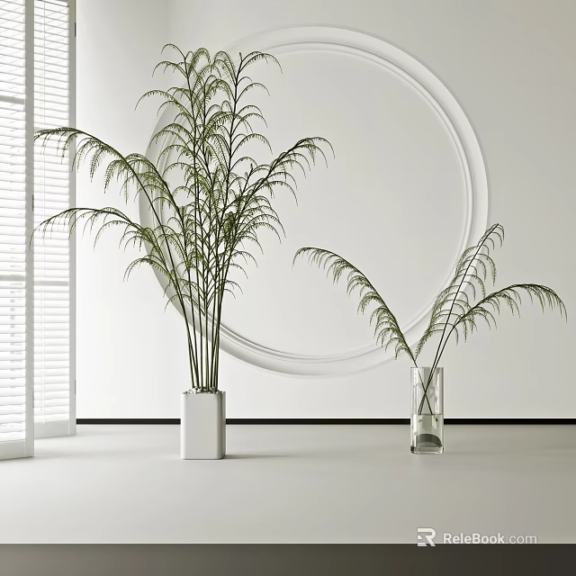 Modern Interior Decor With White And Transparent Vases Featuring Green Leafy Plants 3d model