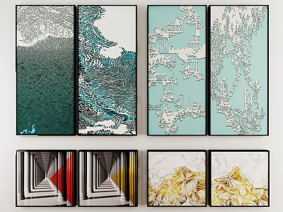 Modern Abstract Paintings Featuring Green Blue Gold Tones And Geometric Designs For Wall Decor 3d model