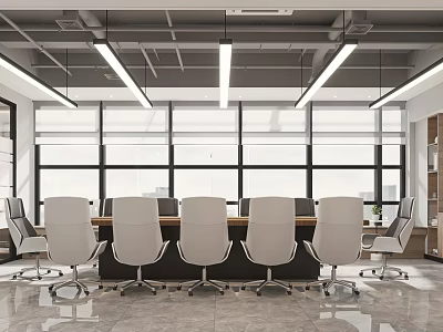 Modern Conference Room With Long Table White Chairs And Large Windows 3d model
