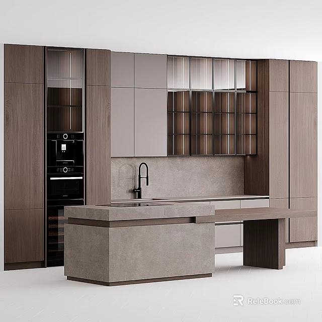 Sleek Modern Kitchen Interior Design With Wooden Cabinets Island Counter Sink And Appliances 3d model 