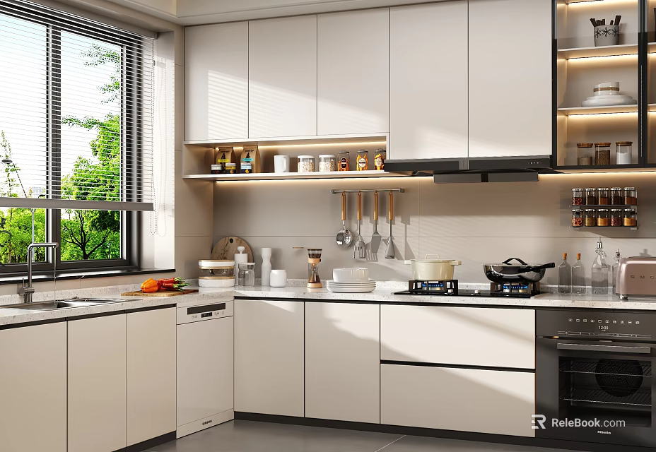 Modern White Kitchen With Large Window Green Trees Wall Cabinets Countertop And Appliances 3d model 